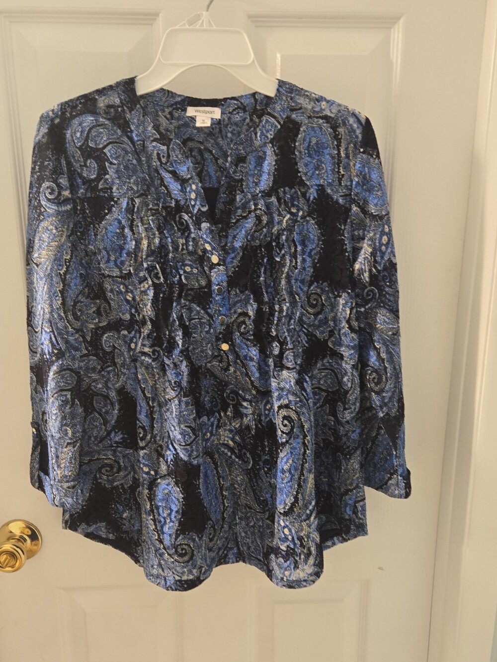 Westport Blue and Black Paisley Henley Blouse Size Medium